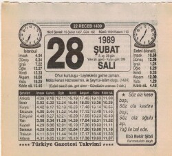 28 Şubat 1989 Takvim Yaprağı EFM(N)5380 - Gökçekoleksiyon