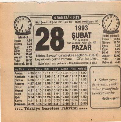 28 Şubat 1993 Takvim Yaprağı EFM(N)5323 - 1