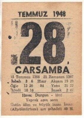 28 Temmuz 1948 Takvim Yaprağı EFM(N)1443 - 2