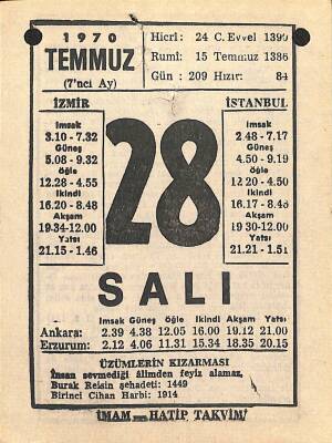 28 Temmuz 1970 Takvim Yaprağı - Doğum Günü Hediyesi EFM(N)12503 - 1
