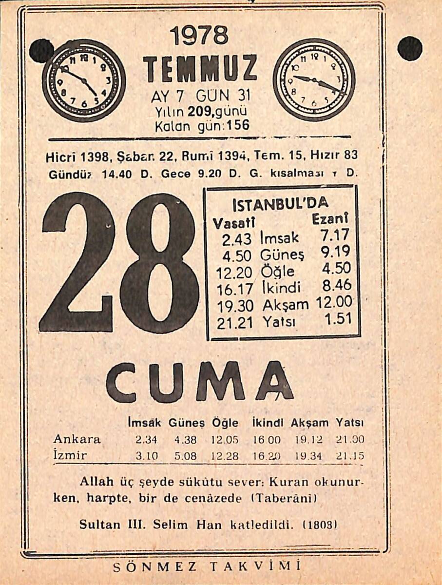  28 Temmuz 1978 Takvim Yaprağı - Doğum Günü Hediyesi EFMN15425 - 1
