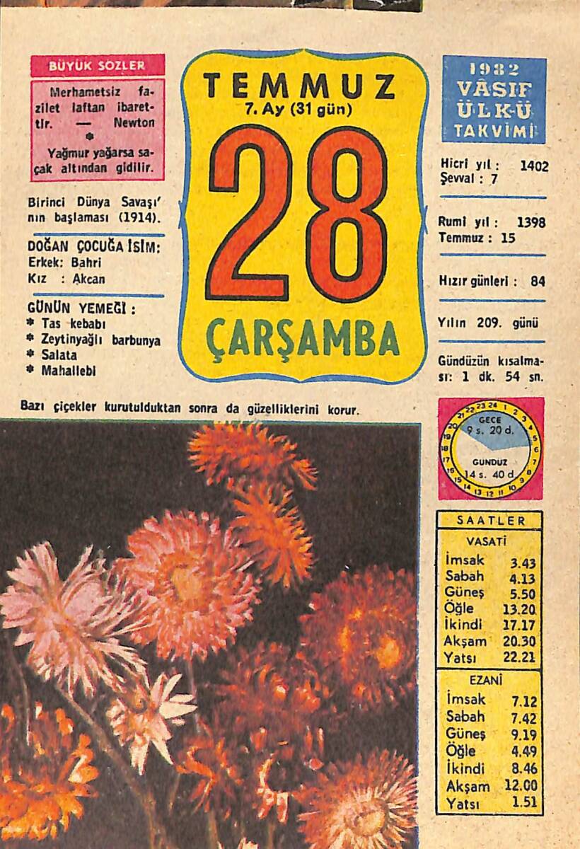 28 Temmuz 1982 Takvim Yaprağı - Doğum Günü Hediyesi EFMN13506 - 1
