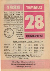 28 Temmuz 1984 Takvim Yaprağı EFM(N)2164 - 3