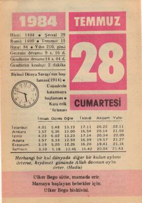 28 Temmuz 1984 Takvim Yaprağı EFM(N)2164 - 3