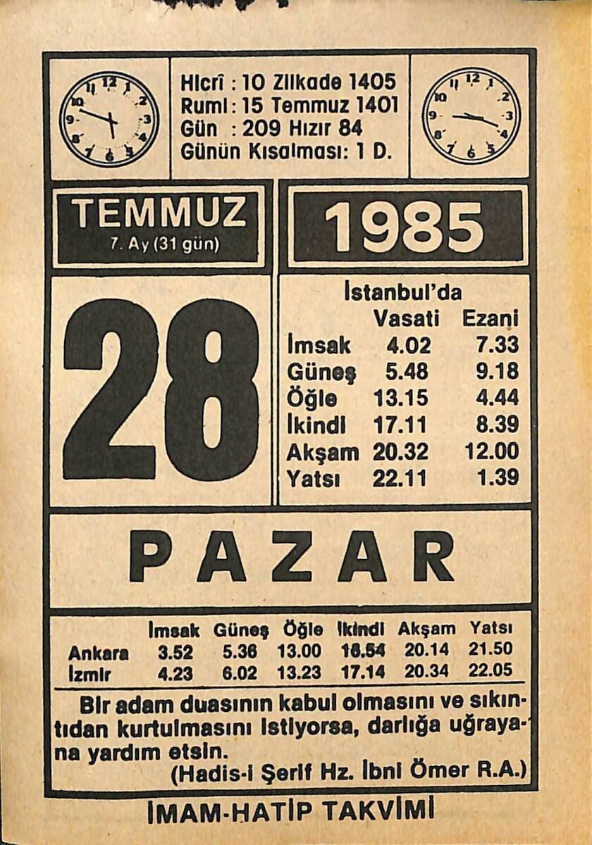 28 Temmuz 1985 Takvim Yaprağı - Doğum Günü Hediyesi EFMN15716 - 1