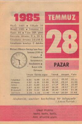 28 Temmuz 1985 Takvim Yaprağı EFM(N)2165 - 3