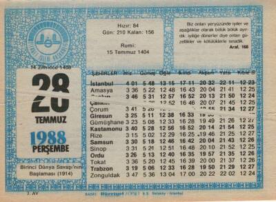 28 Temmuz 1988 Takvim Yaprağı EFM(N)2167 - 1