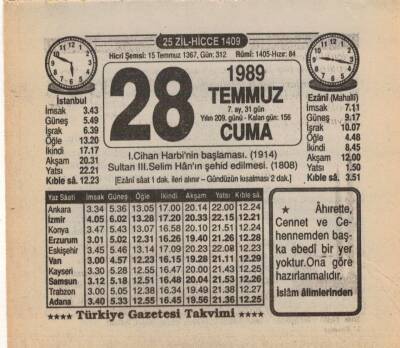 28 Temmuz 1989 Takvim Yaprağı EFM(N)2168 - 2