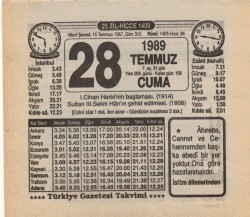 28 Temmuz 1989 Takvim Yaprağı EFM(N)2168 - 1