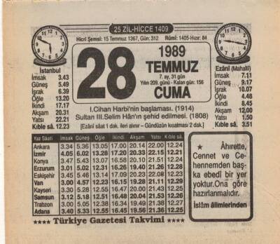 28 Temmuz 1989 Takvim Yaprağı EFM(N)2168 - 1
