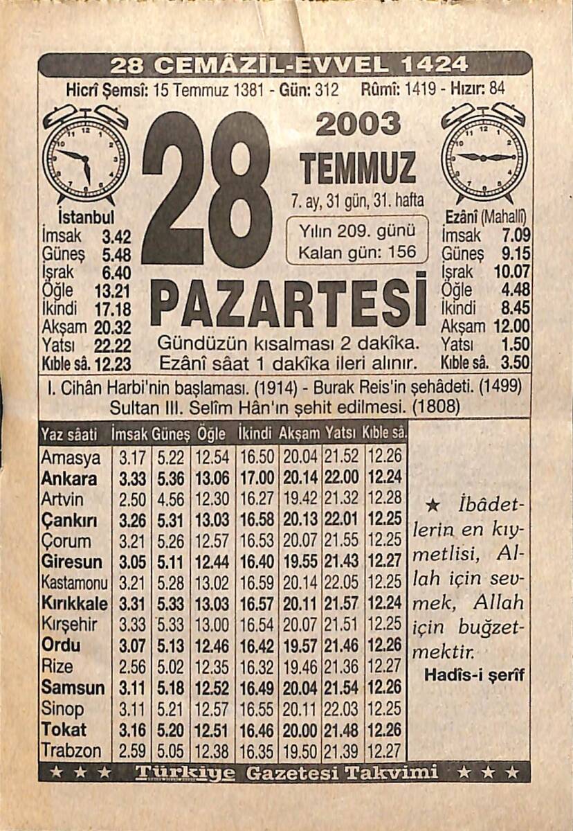 28 Temmuz 2003 Takvim Yaprağı - Doğum Günü Hediyesi EFMN15525 - 1