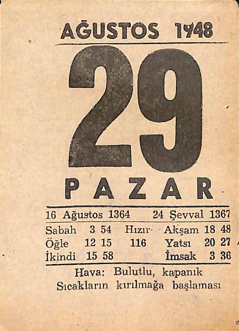 29 Ağustos 1948 Takvim Yaprağı - Doğum Günü Hediyesi EFMN14409 - 1
