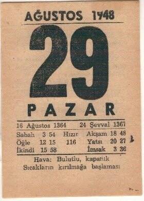 29 Ağustos 1948 Takvim Yaprağı EFM(N)1475 - 4