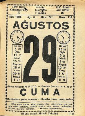 29 Ağustos 1969 Takvim Yaprağı - Doğum Günü Hediyesi EFM(N)11075 - 1