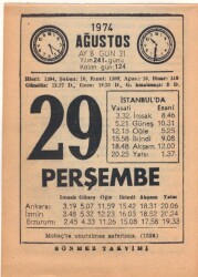 29 Ağustos 1974 Takvim Yaprağı EFM(N)2545 - 3