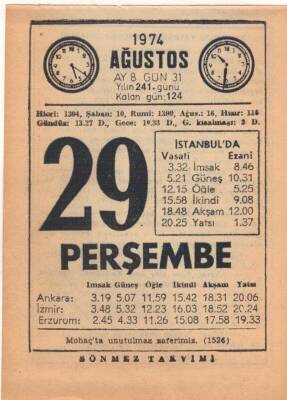 29 Ağustos 1974 Takvim Yaprağı EFM(N)2545 - 1