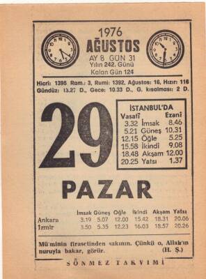 29 Ağustos 1976 Takvim Yaprağı EFM(N)2546 - 3
