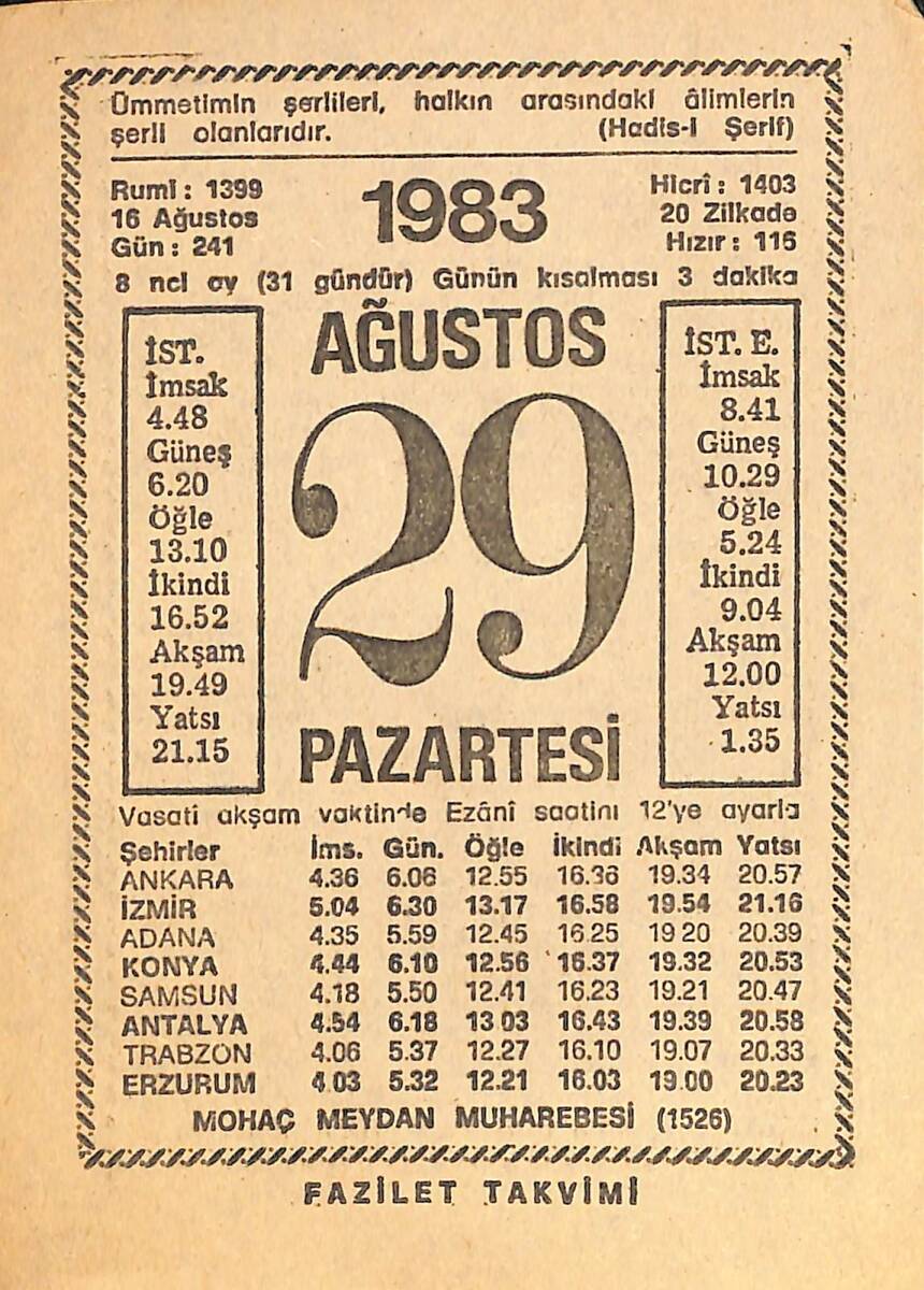 29 Ağustos 1983 Takvim Yaprağı - Doğum Günü Hediyesi EFMN15370 - 1