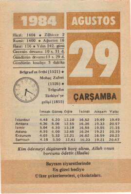 29 Ağustos 1984 Takvim Yaprağı EFM(N)2547 - 3