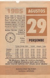 29 Ağustos 1985 Takvim Yaprağı EFM(N)2548 - 1