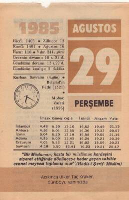 29 Ağustos 1985 Takvim Yaprağı EFM(N)2548 - 1