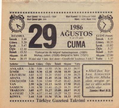 29 Ağustos 1986 Takvim Yaprağı EFM(N)2549 - 1