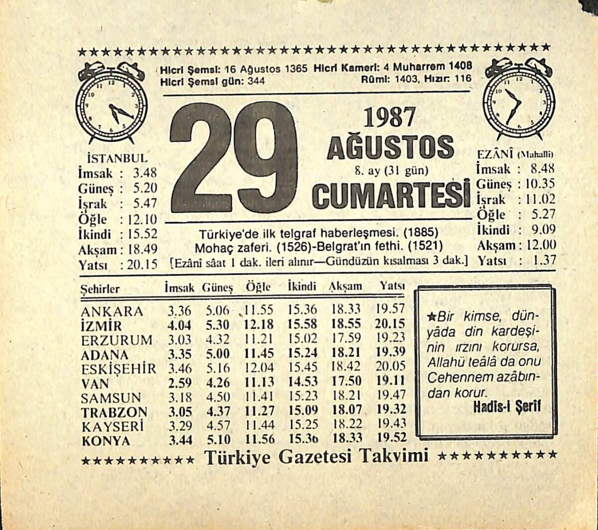 29 Ağustos 1987 Takvim Yaprağı - Doğum Günü Hediyesi EFMN13872 - 1