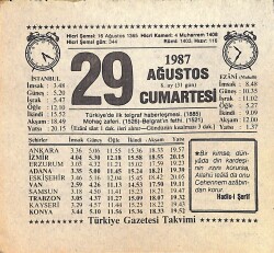 29 Ağustos 1987 Takvim Yaprağı - Doğum Günü Hediyesi EFMN15854 - Gökçekoleksiyon