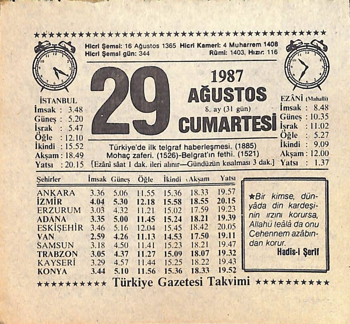 29 Ağustos 1987 Takvim Yaprağı - Doğum Günü Hediyesi EFMN15854 - 1