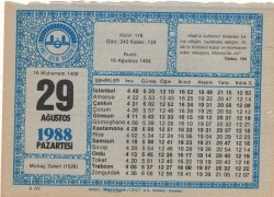 29 Ağustos 1988 Takvim Yaprağı EFM(N)2550 - 1