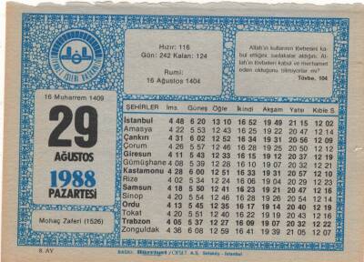 29 Ağustos 1988 Takvim Yaprağı EFM(N)2550 - 1