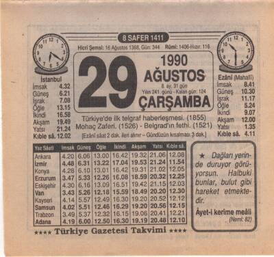 29 Ağustos 1990 Takvim Yaprağı EFM(N)2552 - 2