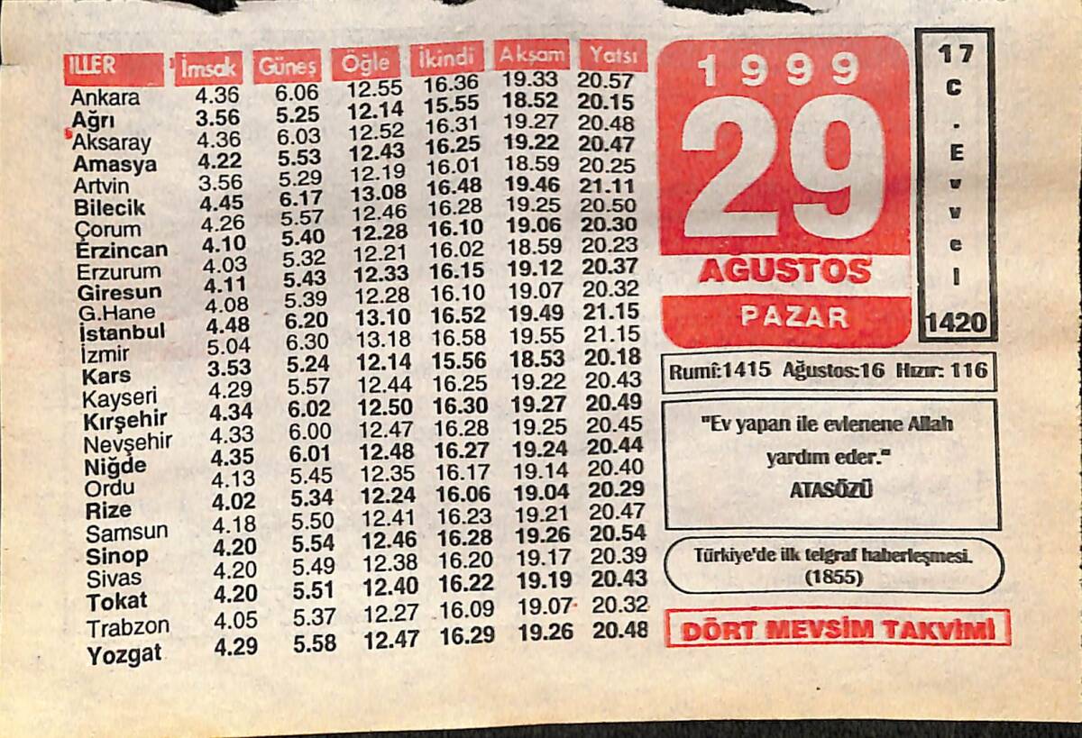 29 Ağustos 1999 Takvim Yaprağı - Doğum Günü Hediyesi EFMN14027 - 1