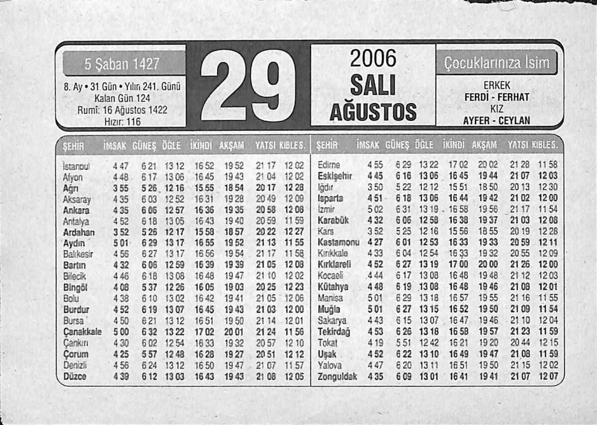 29 Ağustos 2006 Takvim Yaprağı - Doğum Günü Hediyesi EFMN14176 - 1