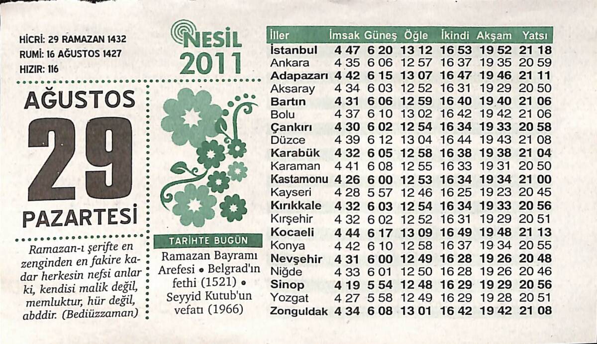 29 Ağustos 2011 Takvim Yaprağı - Doğum Günü Hediyesi EFMN14344 - 1