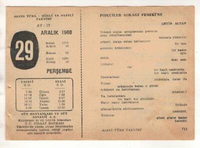 29 Aralık 1960 Ajans Türk Takvim Yaprağı (Şiirli Saatli) EFM(N) 1823 - 4