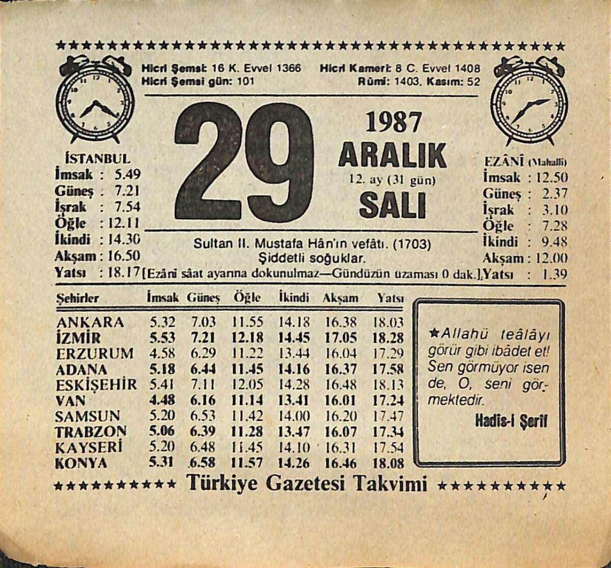 29 Aralık 1987 Takvim Yaprağı - Doğum Günü Hediyesi EFMN14982 - 1