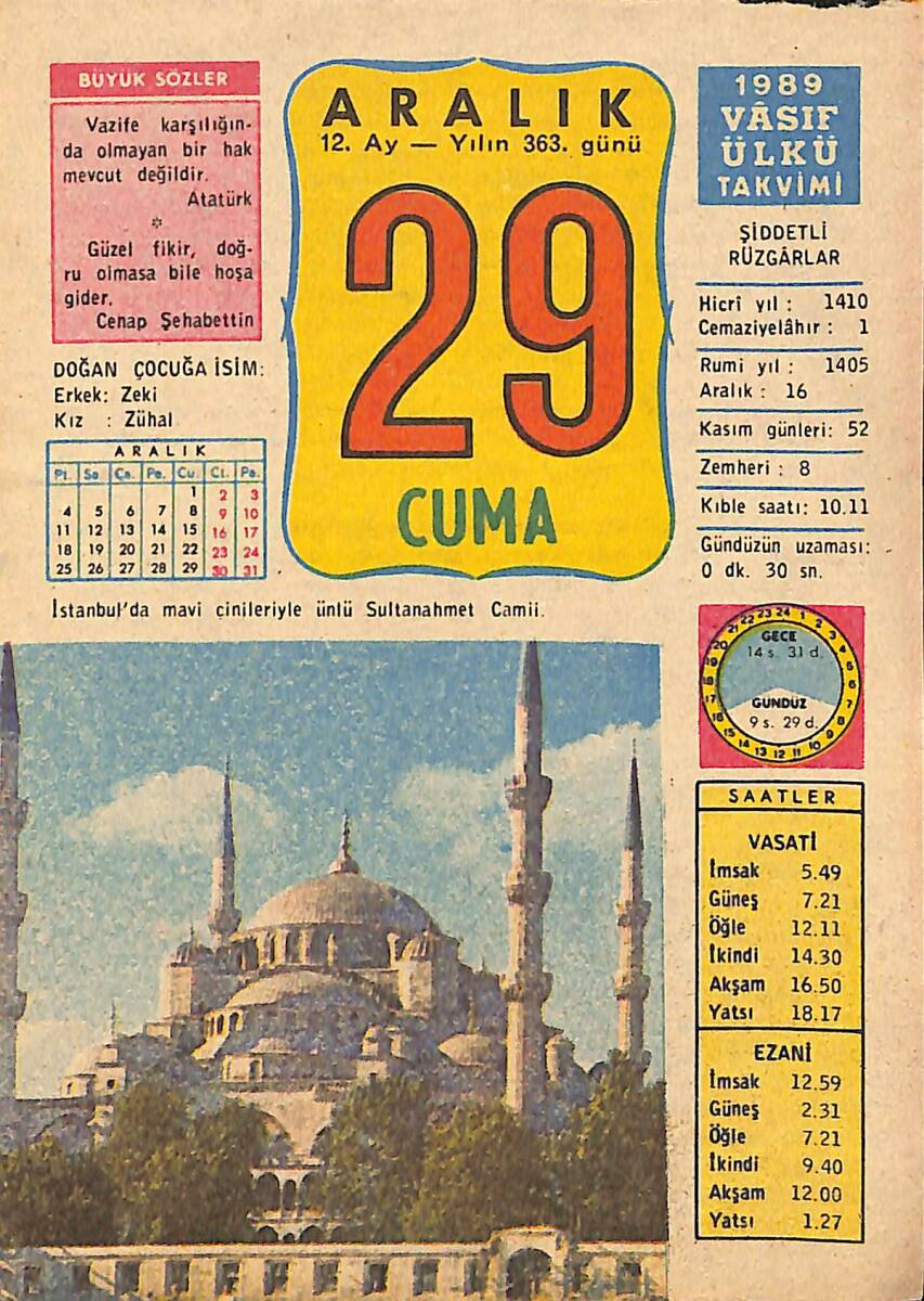 29 Aralık 1989 Takvim Yaprağı - Doğum Günü Hediyesi EFMN13791 - 1