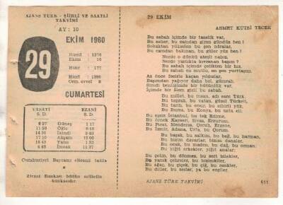 29 Ekim 1960 Ajans Türk Takvim Yaprağı (Şiirli Saatli) EFM(N) 1766 - 4