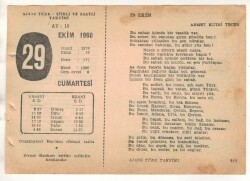 29 Ekim 1960 Ajans Türk Takvim Yaprağı (Şiirli Saatli) EFM(N) 1766 - 3