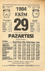29 Ekim 1984 Takvim Yaprağı - Doğum Günü Hediyesi EFMN14554 - Gökçekoleksiyon