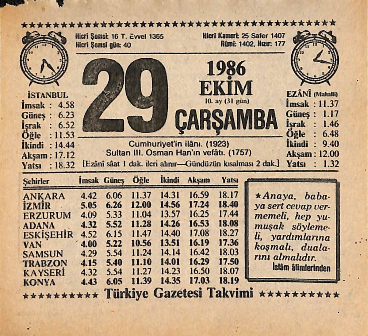 29 Ekim 1986 Takvim Yaprağı - Doğum Günü Hediyesi EFMN14902 - 1