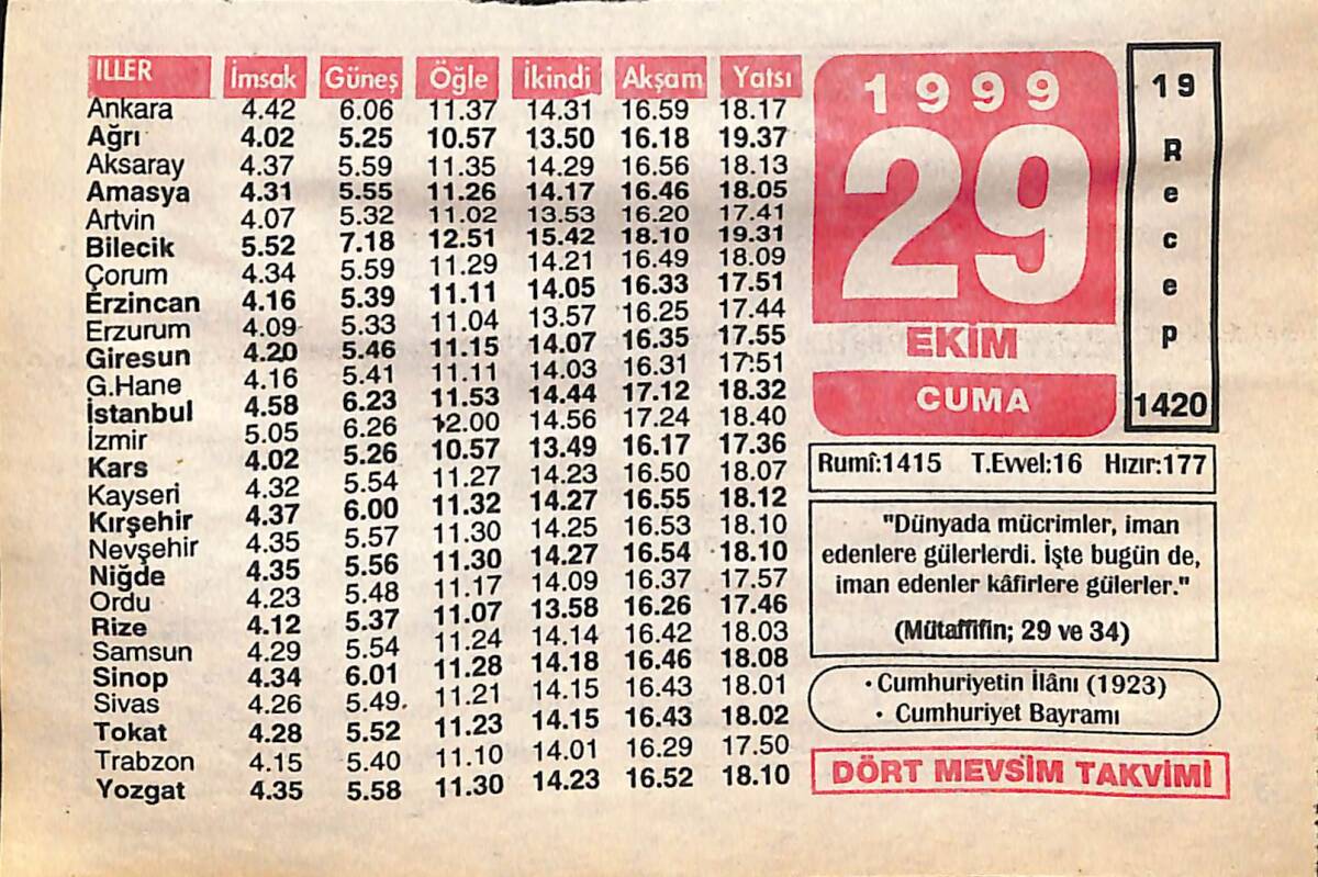 29 Ekim 1999 Takvim Yaprağı - Doğum Günü Hediyesi EFMN14058 - 1