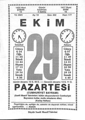 29 Ekim 2001 Takvim Yaprağı - Doğum Günü Hediyesi EFM(N)10498 - 2