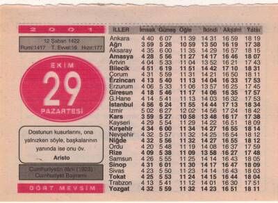 29 Ekim 2001 Takvim Yaprağı EFM(N)3750 - 1
