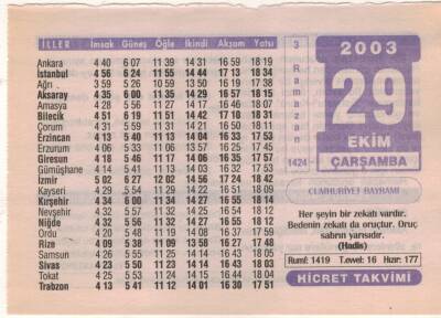 29 Ekim 2003 Takvim Yaprağı EFM(N)3731 - 2