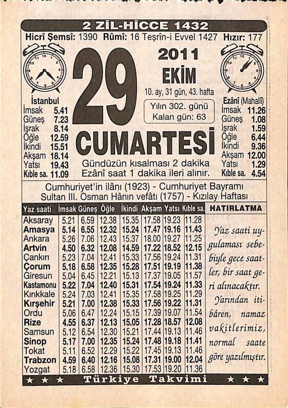 29 Ekim 2011 Takvim Yaprağı - Doğum Günü Hediyesi EFMN15291 - 1
