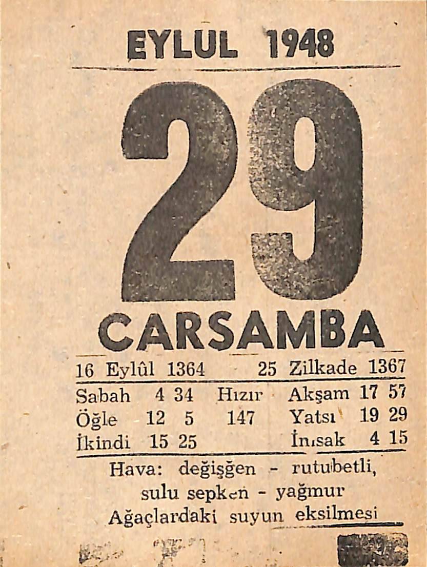 29 Eylül 1948 Takvim Yaprağı - Doğum Günü Hediyesi EFMN14378 - 1
