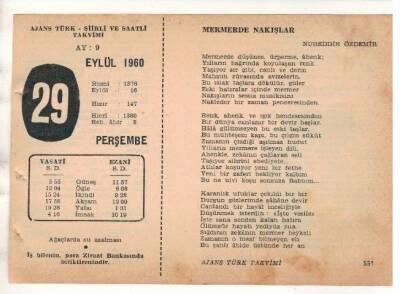 29 Eylül 1960 Ajans Türk Takvim Yaprağı (Şiirli Saatli) EFM(N) 1736 - 4