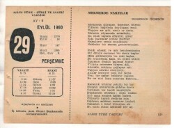 29 Eylül 1960 Ajans Türk Takvim Yaprağı (Şiirli Saatli) EFM(N) 1736 - 3